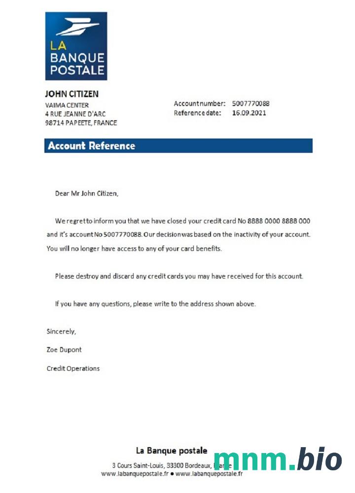 Przykład zamknięcia France La Banque Postale w formatach Word i PDF